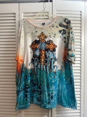 Faith Cross Graphic Ladies Top - Teal & Orange